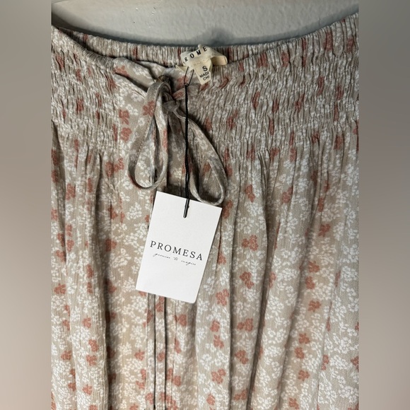 Promesa Sand Floral Smocked Waist Button High Low Maxi Skirt - Picture 10 of 12